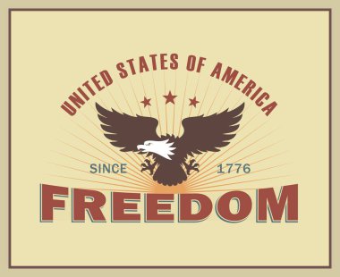 Amerika 'nın bağımsızlık gününün klasik tarzıyla renkli çizimi. Metinli bir kartalın vektör çizimi, renkli arkaplanda güneş ve yıldızlar. Kartal, ABD 'de özgürlüğün sembolüdür..