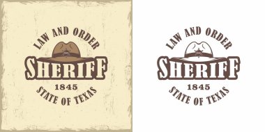 Bir dizi illüstrasyon şapkası, şerif yıldızı, metin, beyaz arka plan, grunge desenli arka plan. Vahşi Batı 'nın teması üzerine vektör illüstrasyonu. Amerikan Western.