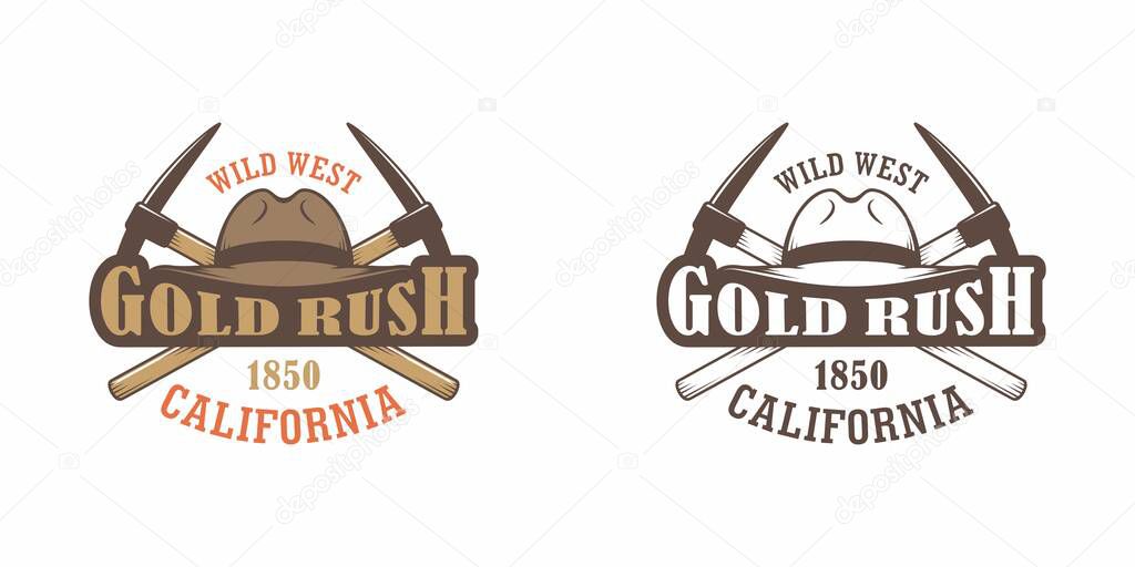 Set of color illustrations cowboy hat, crossed pickaxes and text on a white background. Vector illustration on the theme of gold mining in the wild west. American Western.