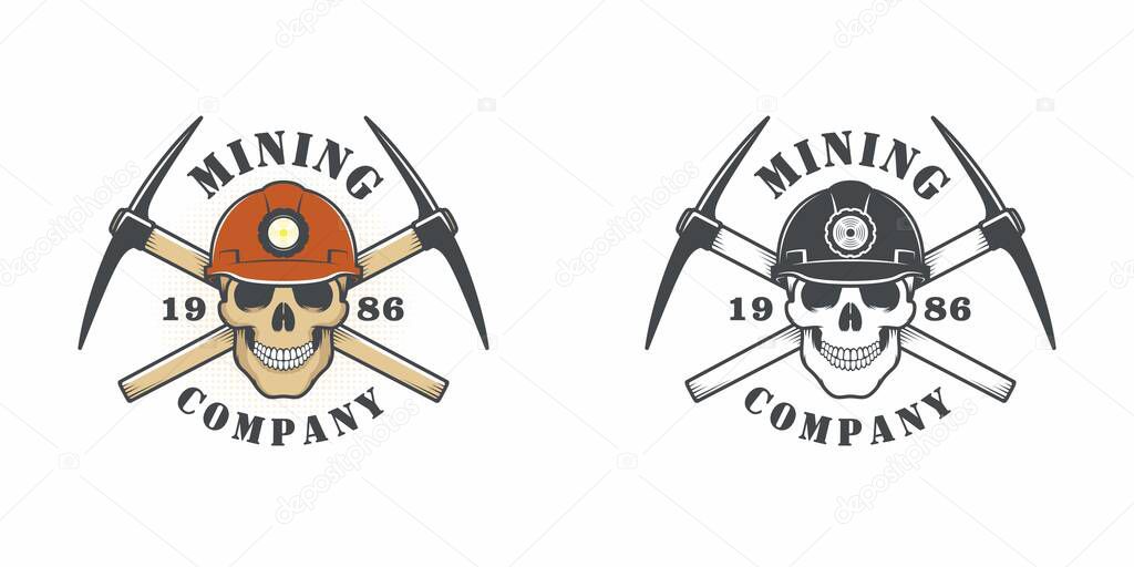 Set of color illustrations skull miner in a helmet and crossed pickaxes on a white background. Vector illustration on the theme of gold and coal mining. Mining company logo.