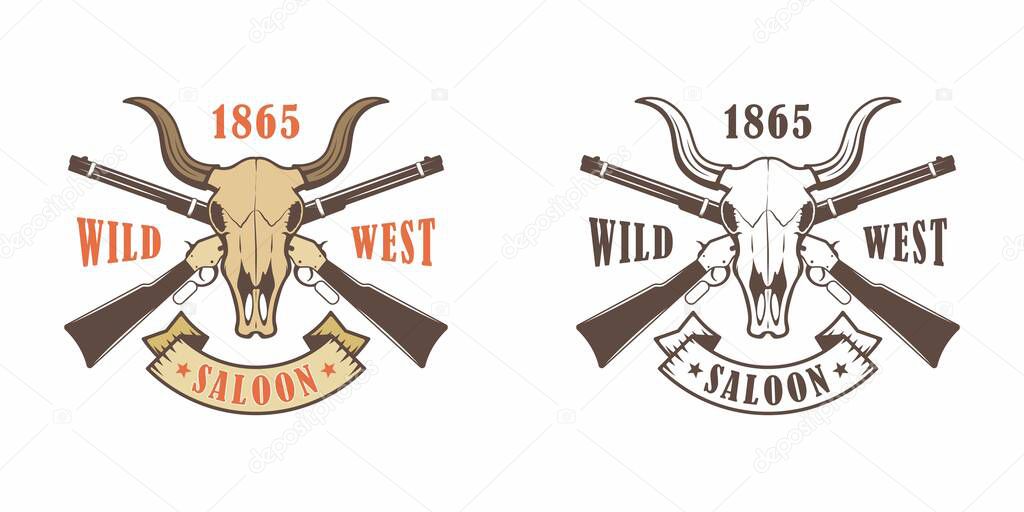 Set of color illustrations of a buffalo skull, crossed guns, ribbon, text and stars on a white background. Vector illustration touts saloon in the wild west. American Western.