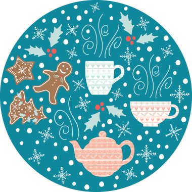 Elle çizilmiş çaydanlıklar, çay fincanları, kar taneleri ve zencefilli kurabiyeli Noel illüstrasyonları.