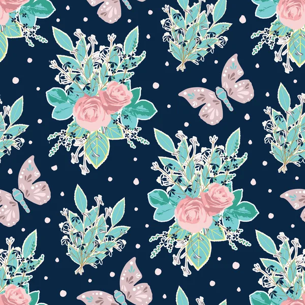 Vektor wiederholen nahtlose Muster mit rosa und lila Blumen und Schmetterlinge auf dunkelblauem Hintergrund. — Stockvektor