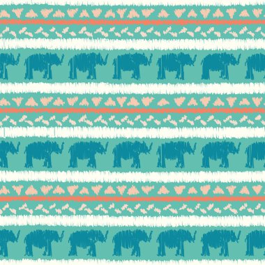 Fil çizgileri ve üçgenleri olan, etnik tekrarlanan kusursuz örgü deseni. Turuncu, pembe ve mavi çizgiler ve üçgenler.