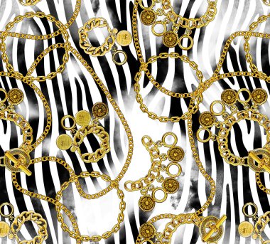 Bitmek bilmeyen siyah zebra şekli, mücevher ve zincir desenleri.
