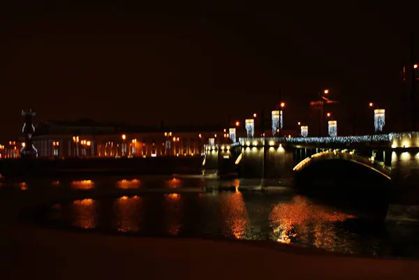 Bridge Lights Night Frozen River Petersburg — Stock Photo, Image