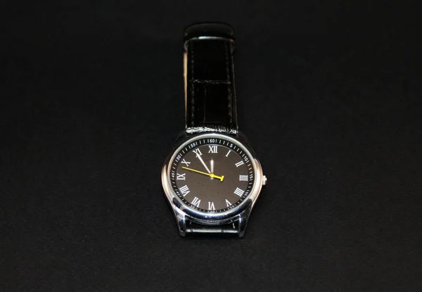 Mechanical Watch Leather Strap Black Background — Stok fotoğraf