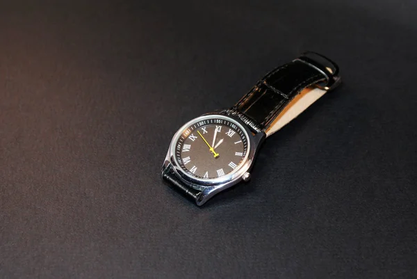 Mechanical Watch Leather Strap Black Background — Stockfoto