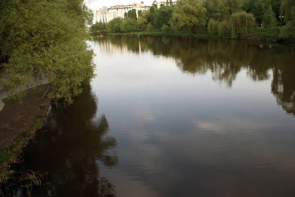 Lac Dans Parc Qui Reflète Les Arbres Nature Été — Photo