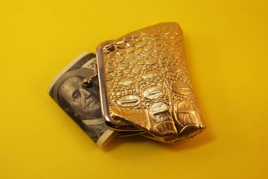 Altın cüzdan ve Amerikan doları, para.