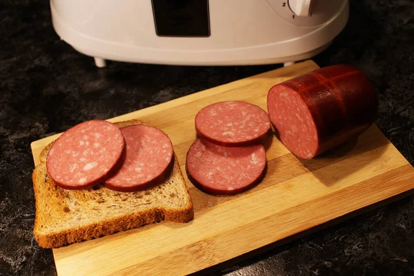 Sandwich Pain Grillé Saucisse Tranches Saucisse Grille Pain Nourriture — Photo