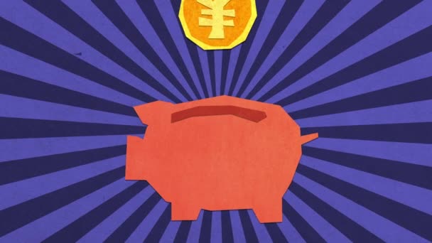 Концепция Экономии Денег Китайский Юань Японские Йеновые Монеты Падающие Свиноводческий — стоковое видео