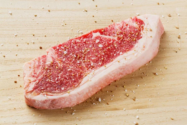 Close Beef Striploin Strip Loin Steak Sea Salt Pepper Wooden — Stock Photo, Image