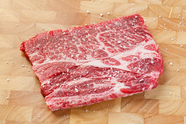 Close Beef Chuck Steak Sea Salt Wooden Chopping Board Deep — Stock Photo, Image