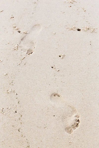 Close up human foot prints on beach, sand track
