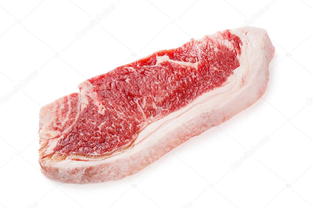 Close up beef striploin or strip loin steak isolated on white, deep focus image