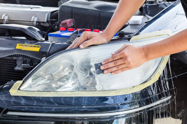 Close Car Lamp Front Headlight Polishing Renewed Headlamp — Stock Photo, Image