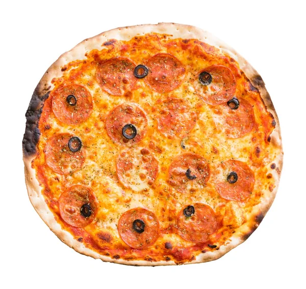 Close Van Brand Oven Salami Zwarte Olijf Gesneden Pizza Geïsoleerd — Stockfoto