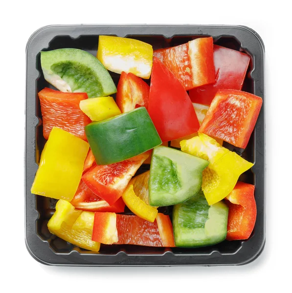 Close Chopped Red Green Yellow Color Sweet Pepper Black Plastic — Stock Photo, Image