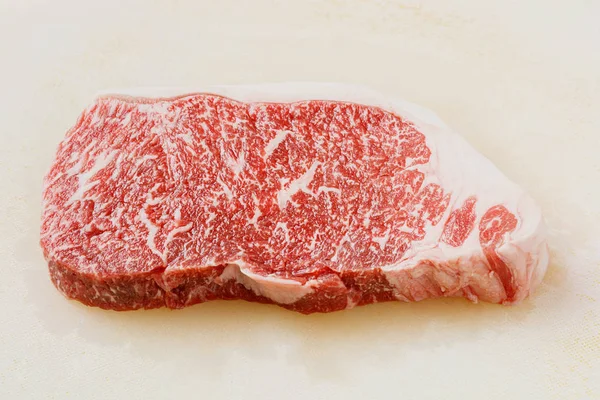 Close Wagyu Beef Striploin Steak Dirty Plastic Cutting Board — Stock Photo, Image