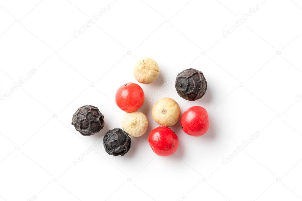 Close up medley trio colorful peppercorn isolated on white background