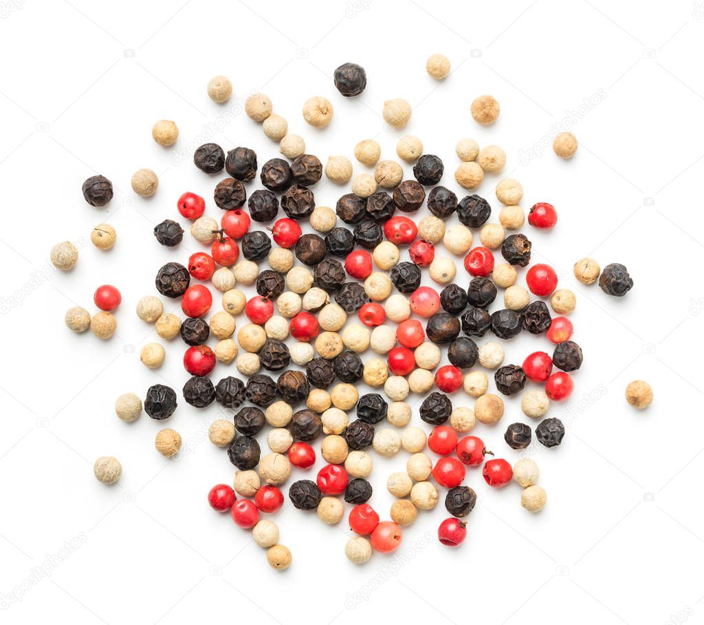 Close up medley trio colorful peppercorn isolated on white background