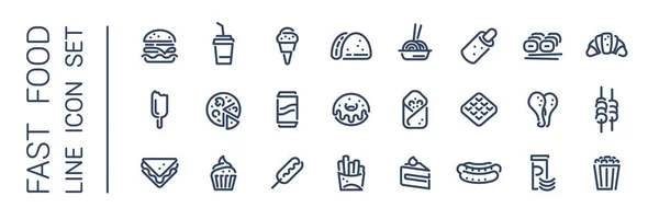 Fast food lijn pictogram ingesteld. Burger sandwich pizza hot dog cola koffie — Stockvector