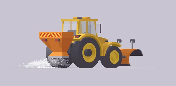 Снегоуборочный трактор. Удаление снега. Разбрасыватель соли. Векторная иллюстрация — стоковый вектор