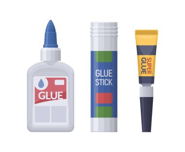 Vector glue set. Stationery flat isolated illustration. Bottle stick super glue clipart