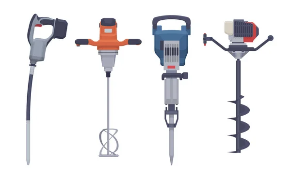 Ensemble d'outils électriques vectoriels. Vibromasseur isolé mélangeur marteau-piqueur. Illustration plate — Image vectorielle