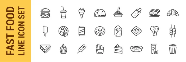 Set de iconos de línea de comida rápida. Hamburguesa sándwich pizza hot dog cola café dulces — Archivo Imágenes Vectoriales