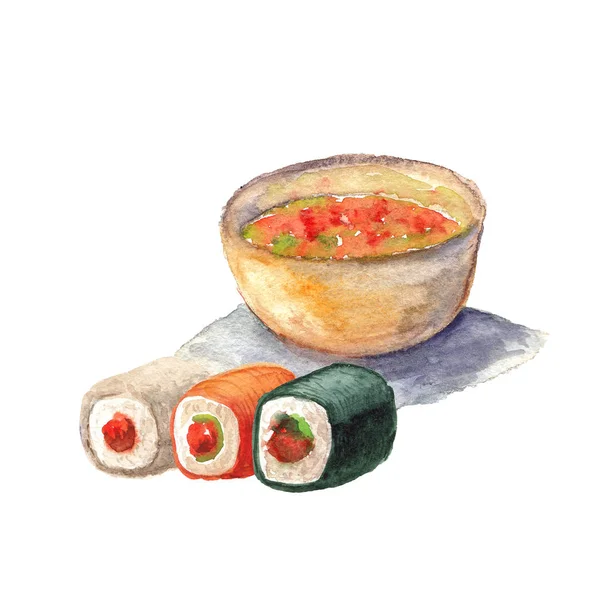 Watercolor illustration of sushi and roll — 스톡 사진