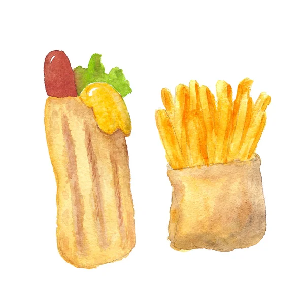 Watercolor illustration of fri potato and hot dog — 스톡 사진