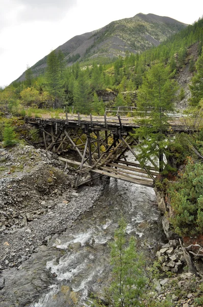 Ponte de madeira em Yakutia através do rio da montanha . — Fotografia de Stock