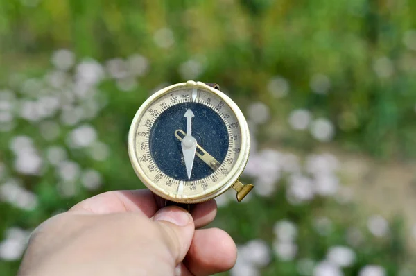 The compass in his hand.