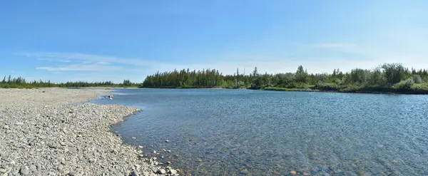 Panorama de verano del río taiga en los Urales Polares . — Foto de Stock