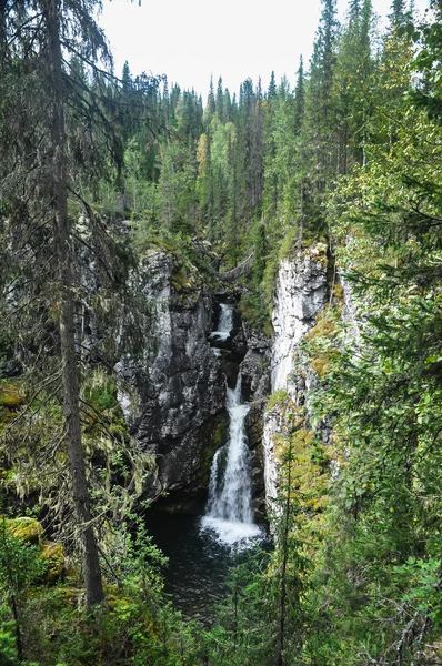Virgin Komi skogar, vattenfall i klipporna. — Stockfoto