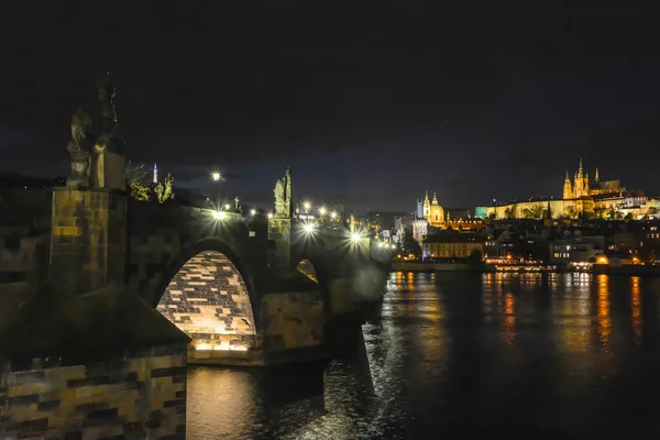 Most Karola Nocy Widok Nocny Wełtawę Most Karola Pradze — Zdjęcie stockowe