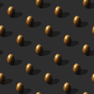 Altın yumurtalar, siyah soyut minimalist arka planda düzenlenmiş pürüzsüz patten. Basit bir moda yerleşimi. Paskalya yaratıcı kavramı.