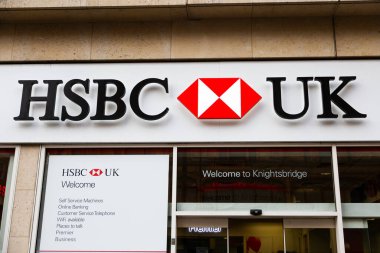LONDON, UK - FEBRUARY 20, 2020: HSBC bank logo on exterior of branch on Oxford street. HSBC Bank plc is one of the largest banking and financial services organisations in the world. 