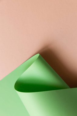 Kapalı renkler kağıt kavisi soyut geometrik arkaplan. Yaratıcı şekilli kıvrımlar moda konsepti. Açık yeşil, neo nane, pastel pembe. 