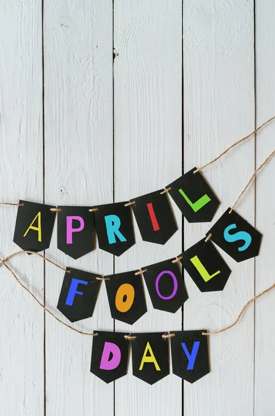 April Dwazen Dag Zwarte Banner Kleurrijke Belettering Witte Schuur Hout — Stockfoto