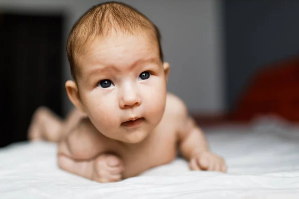 Schöne Nahaufnahme Porträt Eines Kleinen Neugeborenen Babys Das Mit Lebhaften — Stockfoto