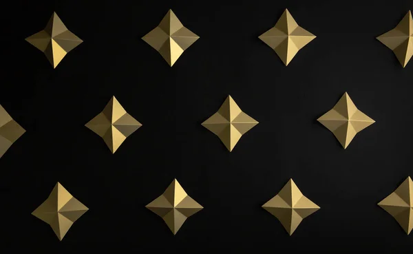 Luxury geometric gold stars on black paper background flat lay pattern. 3D shiny rich old classic wallpaper design.