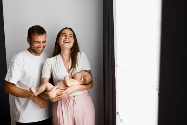 Joyful Family Moments Young Extremely Happy Mother Father Holding Newborn — Stock Photo, Image