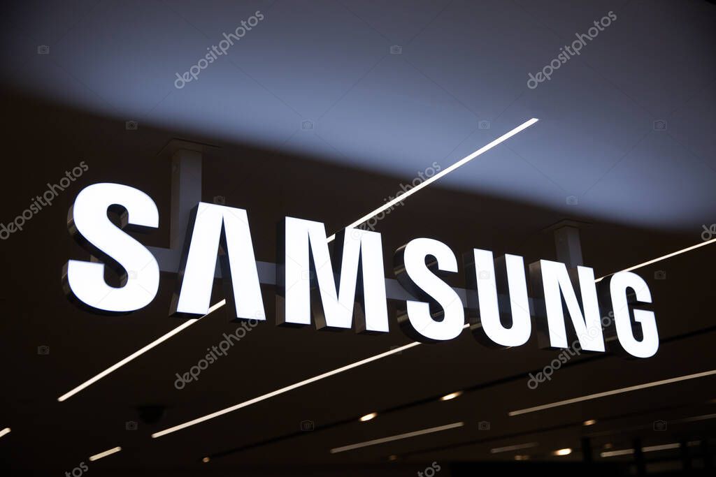 LONDON, UK - FEBRUARY 20, 2020: Samsung tech brand leterring logo in Harrods shopping mall.