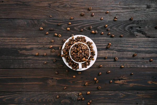 White Cup Dish Full Coffee Beans Brown Rustic Wooden Table — Stock Photo, Image