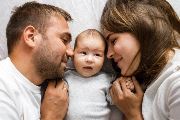 Lovely Closeup Photo Happy Young Parents Lying Bed Tenderly Touching — Stock Photo, Image