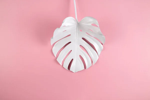 Λευκό Βαμμένο Φύλλο Monstera Minimal Παστέλ Ροζ Φόντο Αφηρημένη Έννοια — Φωτογραφία Αρχείου