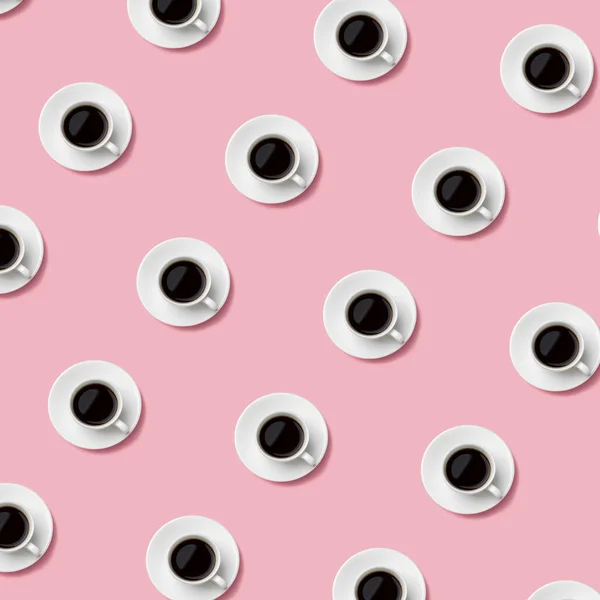 Seamless Pattern Black Coffee White Cups Minimal Pastel Pink Background — Stock Photo, Image